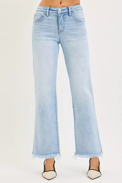 RISEN Ankle Straight Jeans - Tummy Control Mid Rise Fray Hem - Fashions Envy