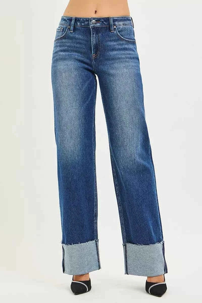 RISEN Wide Straight Jeans - Mid Rise Wide Cuff Detail