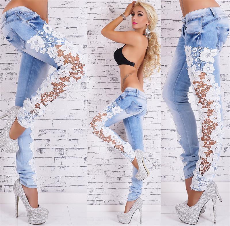 Lace Detail Jeans - Women's Cotton Denim Pants