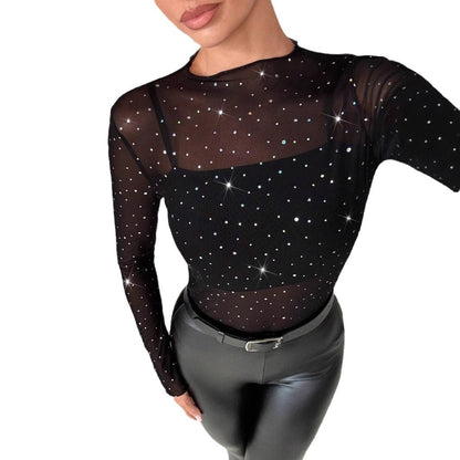 Transparent Mesh Top - Rhinestone Long Sleeve Stand Collar