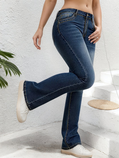 Elastic Button Zipper Flared Jeans - Multifunctional Style - Fashions Envy
