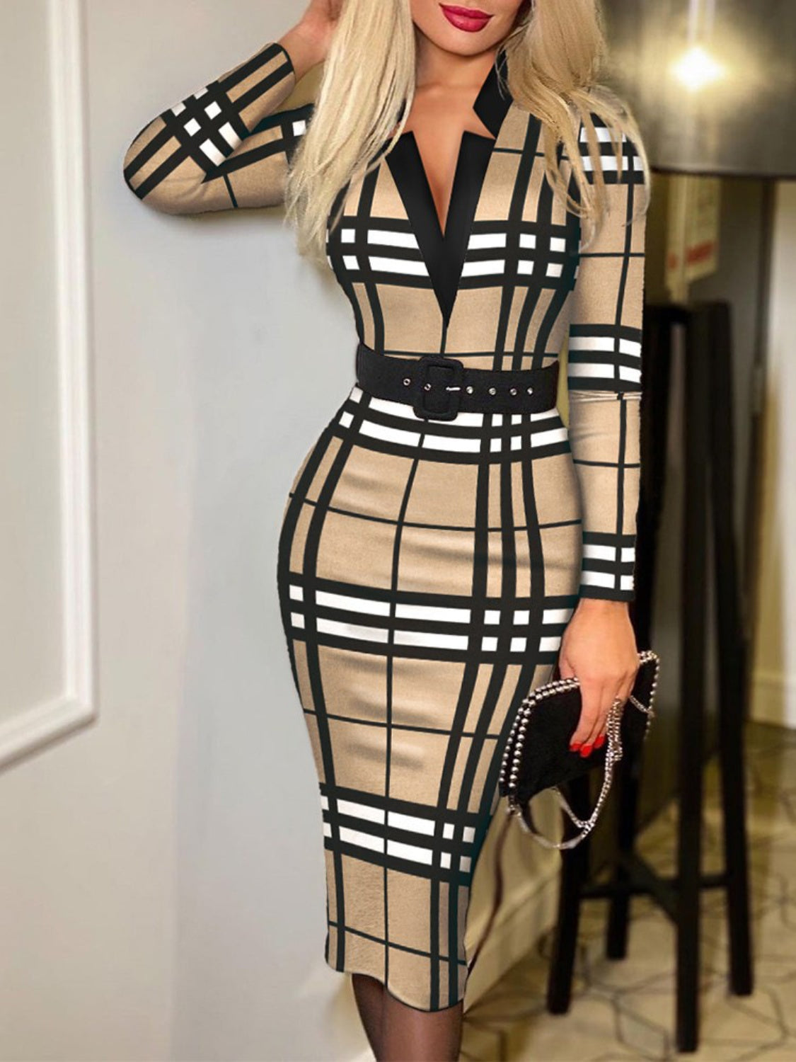 Printed Notched Long Sleeve Wrap Midi Dress