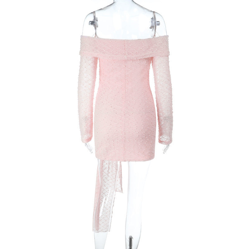 Off-Shoulder Mini Dress - Pink Lace Long Sleeve - Fashions Envy