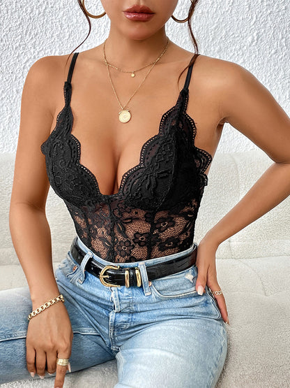 Perfee Lace V-Neck Spaghetti Strap Bodysuit - Fashions Envy