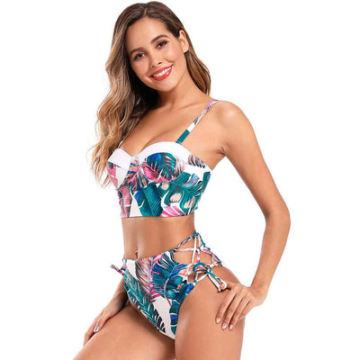 Green Leaf High Waist Bikini - Halter Strap Tropical Two-Piece