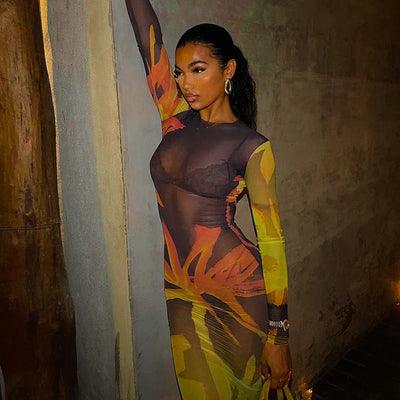 Mesh Maxi Dress - Sheer Long Sleeve Bodycon Dress