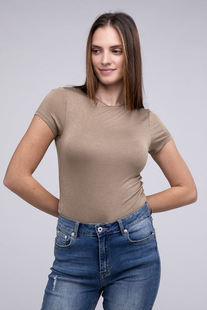 Double Layered Cap Sleeve Round Neck Fitted Bodysuit