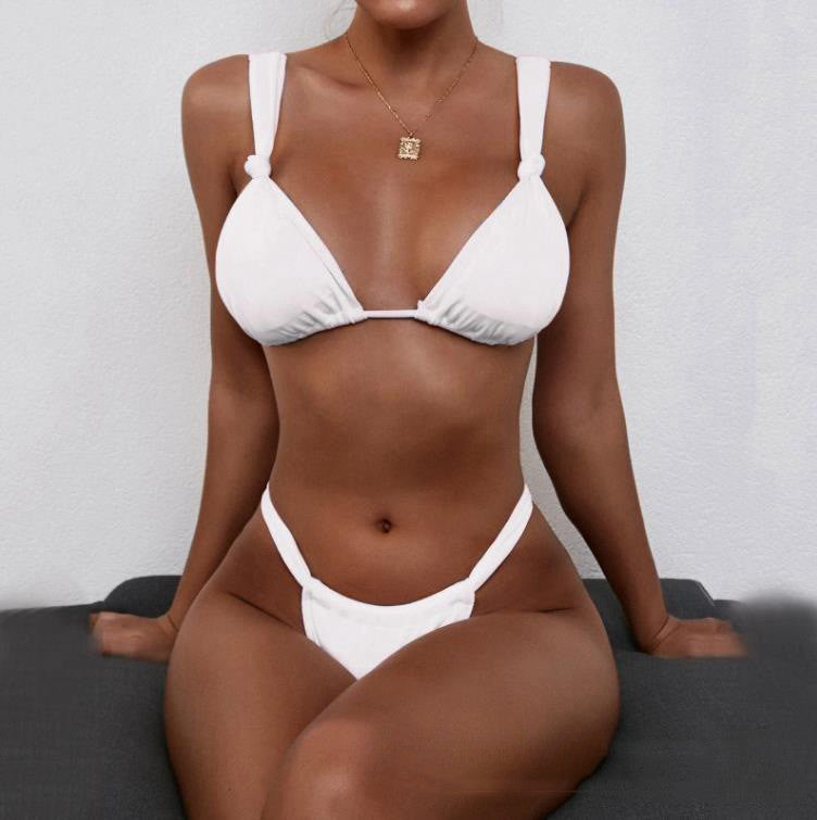 Pleated Split Strap Pure Color Knotted Bikini Swimsuit