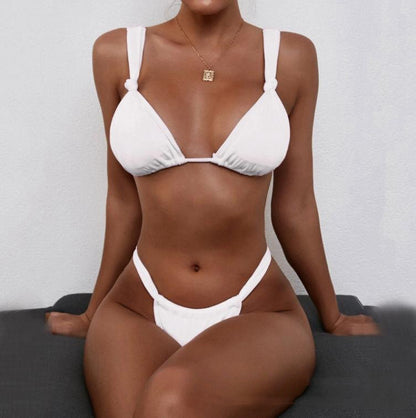 Pleated Split Strap Pure Color Knotted Bikini Swimsuit