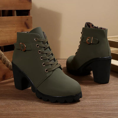 Lace Up Boots - Block High Heels - Fashions Envy