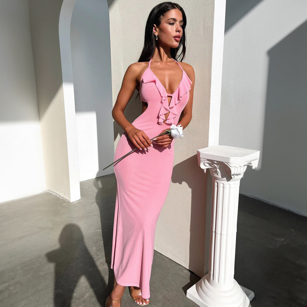 Women's Ruffled V Neck Halter Maxi Dress - Slim Fit Sling - Fashions Envy