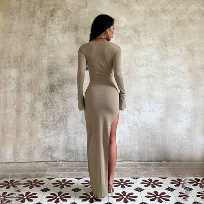 High-Slit Bodycon Maxi Dress - Elegant Hollow Leaf Sleeve