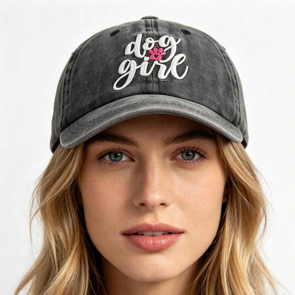 Dog Girl Embroidered Baseball Cap - Washed Dog Lovers Cotton Vintage Hat