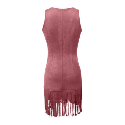 Women's Western Style Vest Dress - V-Neck Button Front Mini with Fringe