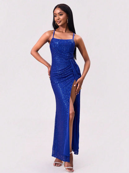 Slit Sequin Square Neck Spaghetti Strap Maxi Dress