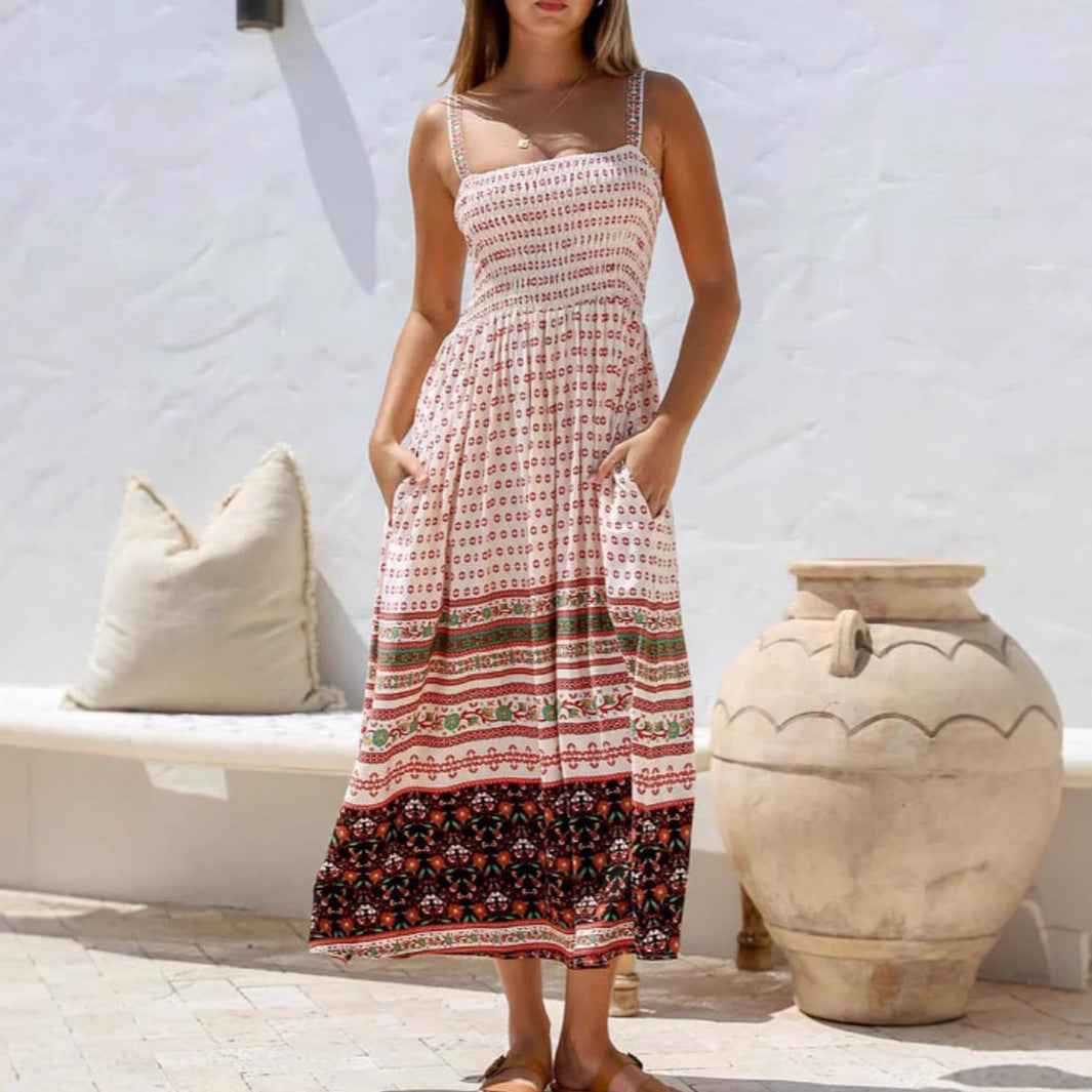 White Printed Midi Dress - Square Neck Sleeveless with Pockets