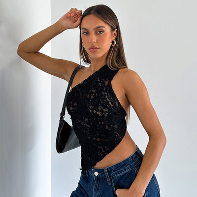 Lace Backless Tank Top - Asymmetrical Sloped Neck