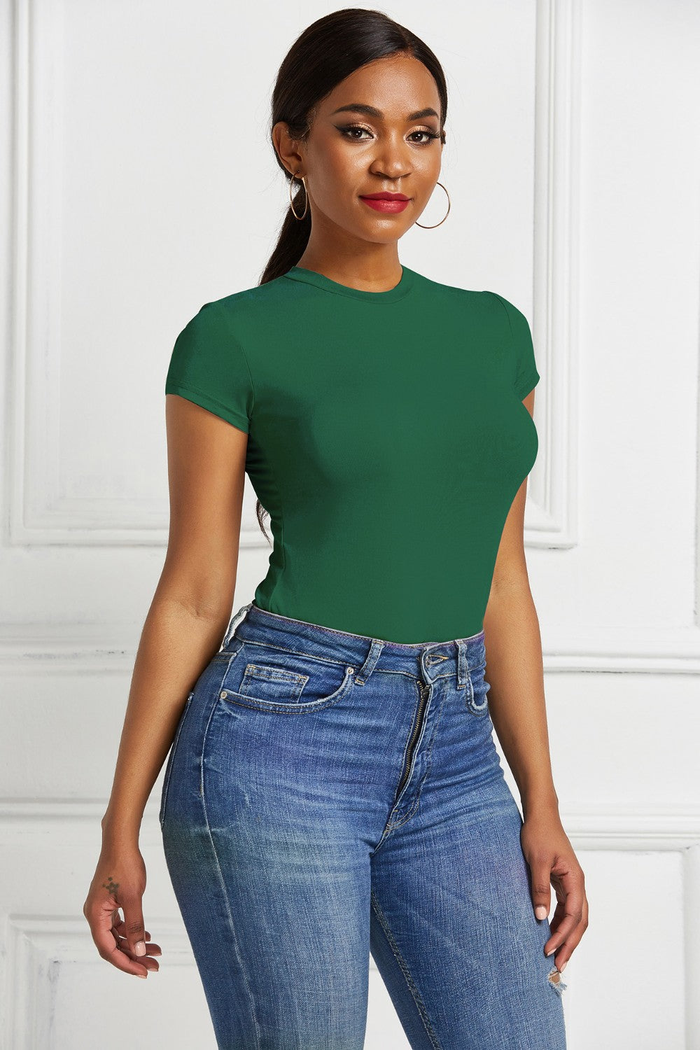 Round Neck Short Sleeve Bodysuit - Fashions Envy