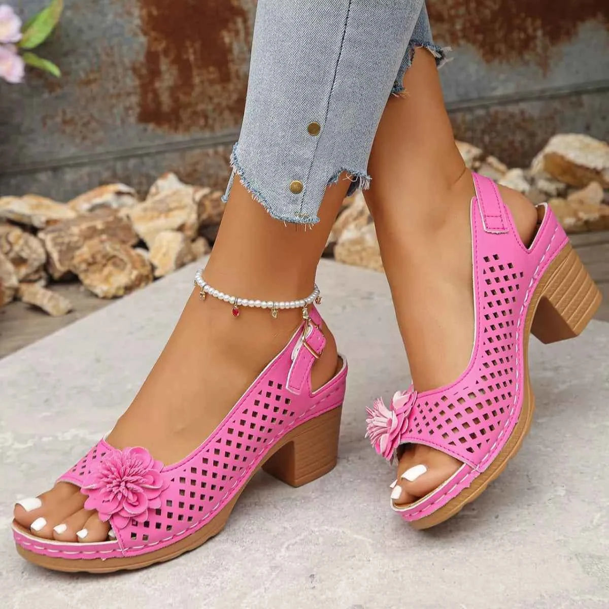 Floral Accent Block Heel Sandals