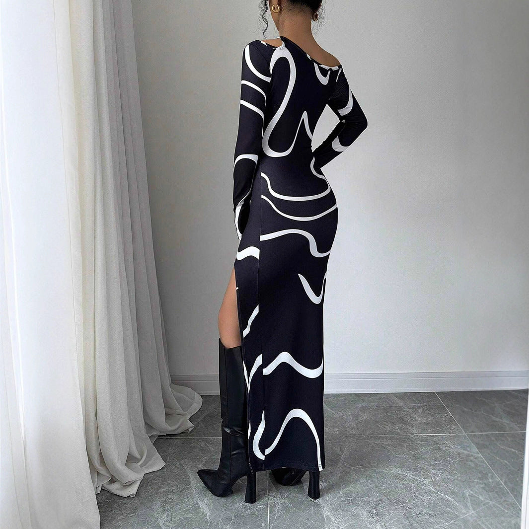 One-shoulder Bodycon Maxi Dress - Graffiti Print Asymmetric