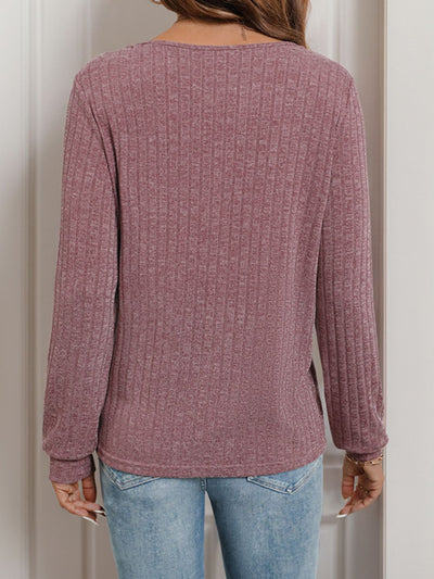 Square Neck Long Sleeve Top - Button Detail Style