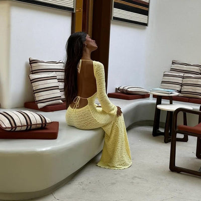 Backless Maxi Dress - Tie Detail Long Sleeve Yellow - Fashions Envy