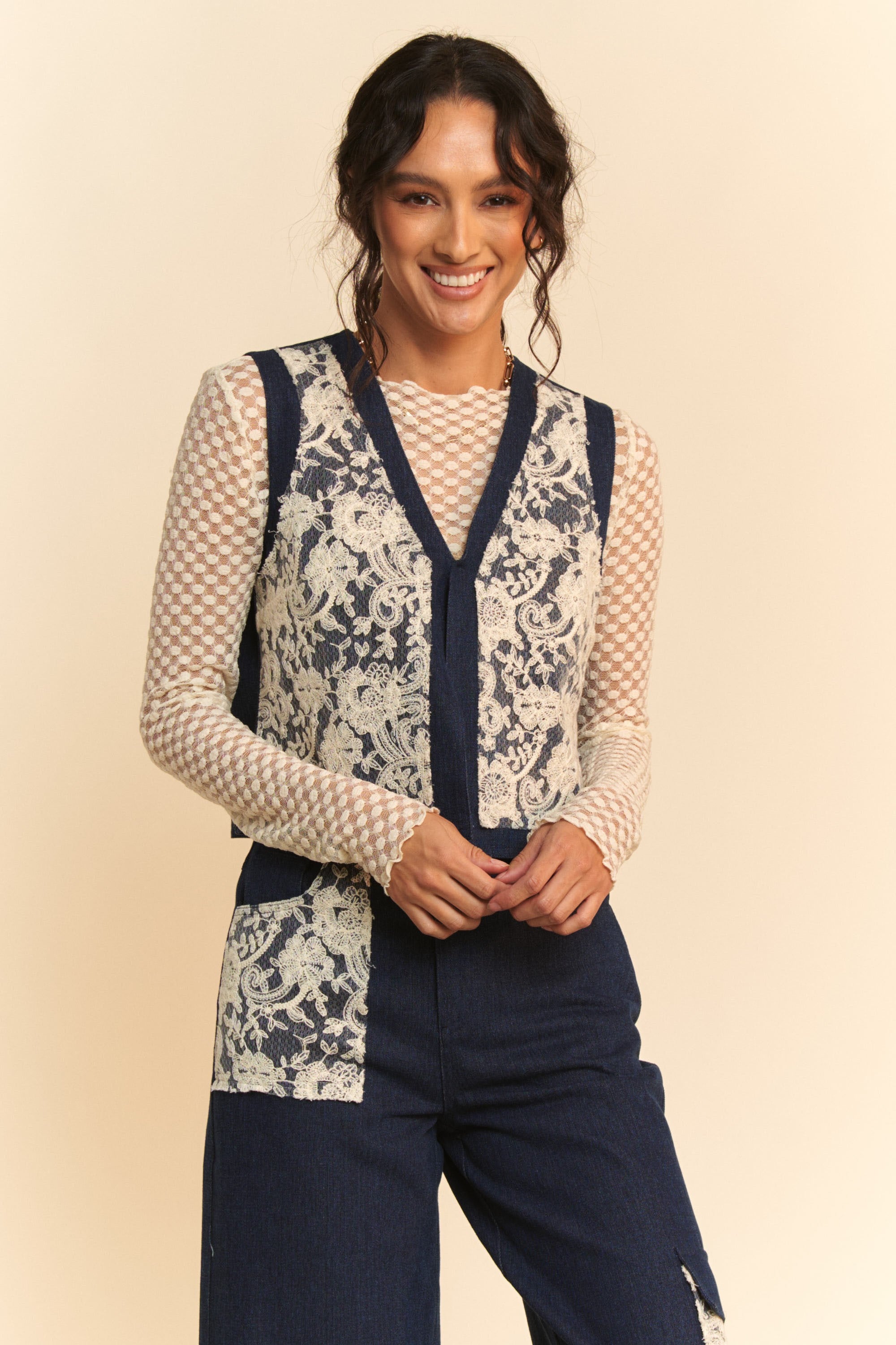 Lace Patch Open Front Denim Vest