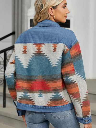 Geometric Denim Jacket - Button-Up Long Sleeve Style - Fashions Envy