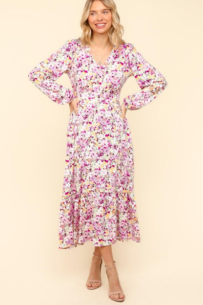 Lilac Full Size Floral V-Neck Long Sleeve Dress with Side Pockets