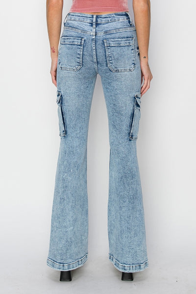 RISEN Full Size High Rise Cargo Flare Jeans - Fashions Envy