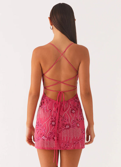 Sequined Mini Dress - Embroidered Backless Sling Party Dress