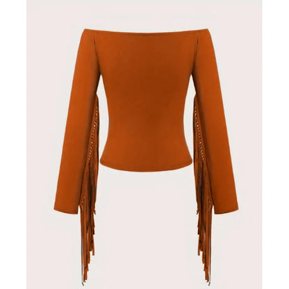 Western Cowgirl Off-Shoulder Fringe Slim Fitted Top