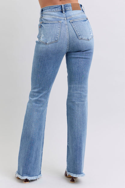 Medium Blue Full Size Raw Hem High Rise Bootcut Judy Jeans