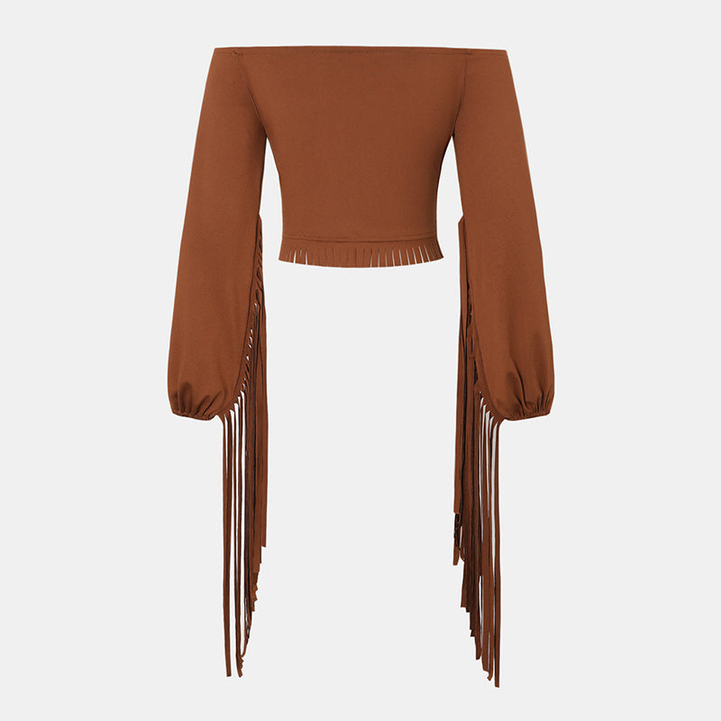 Women's Western Cowgirl Off-Shoulder Fringe Top - Slim Fitted Tassel Blouse