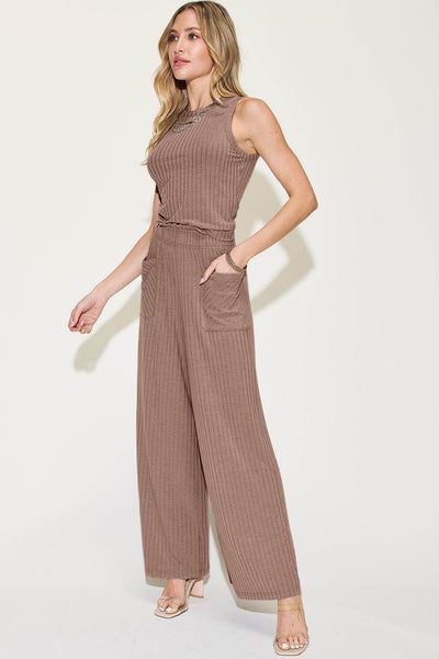 Basic Bae Full Size Ribbed Tank and Wide Leg Pants Set - Fashions Envy