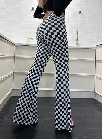 Checkered Flare Pants - High Waist Bell Bottom Yoga Pants