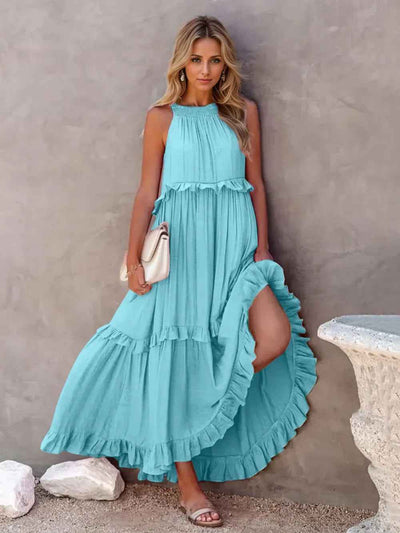 Smocked Tiered Ruffle Maxi Dress - Sleeveless with Pockets