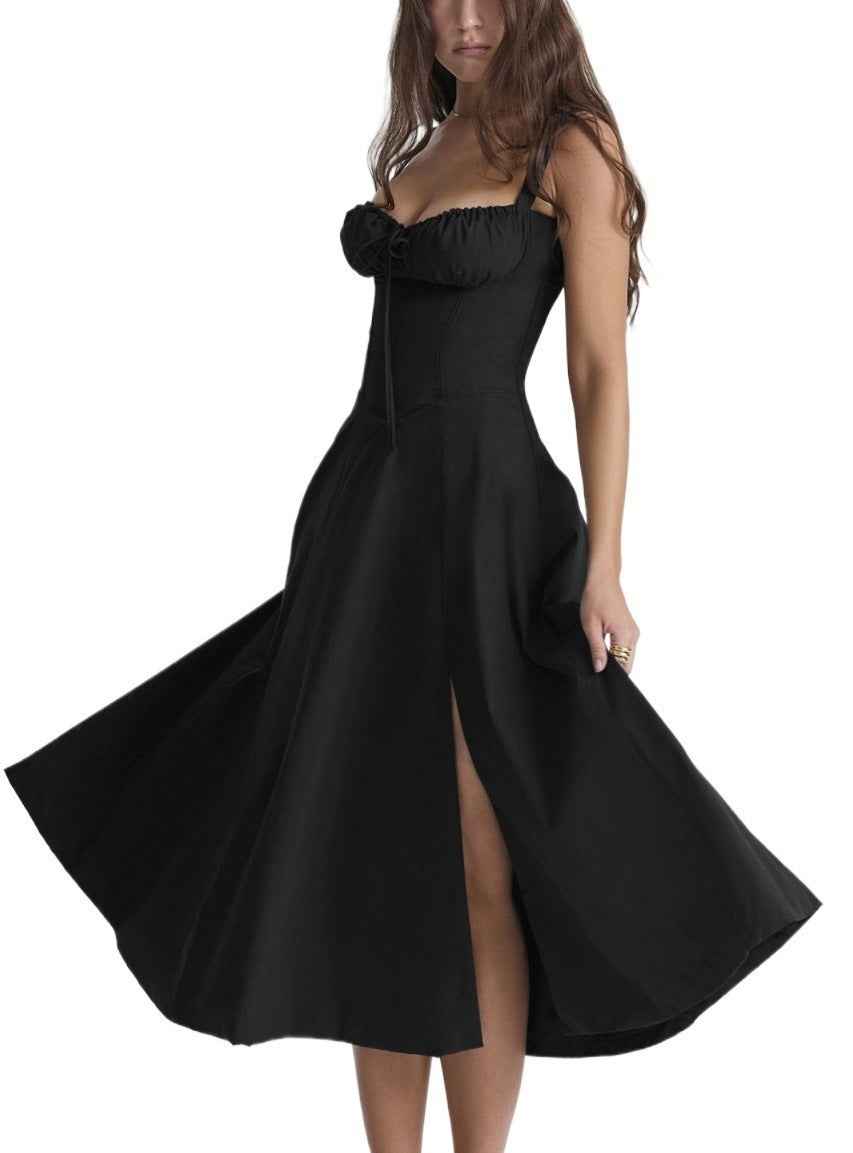 Corset Lace-Up Back Midi Dress - Wide Strap Side Slit