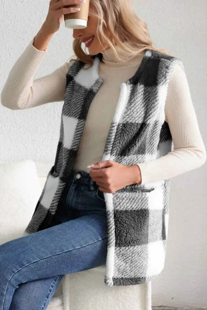 Sherpa Plaid Open Front Vest Coat - Fashions Envy