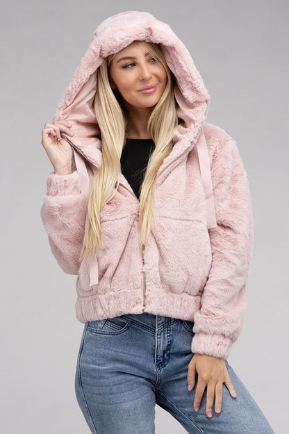 Fluffy Zip-Up Drawstring Teddy Hoodie