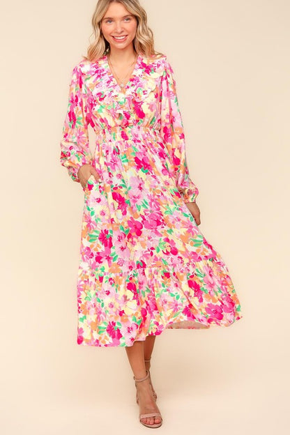 Pink-Multicolor Full Size Floral Surplice Balloon Sleeve Dress with Side Pockets