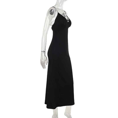Black Deep V Backless Maxi Dress - Strap High Waist