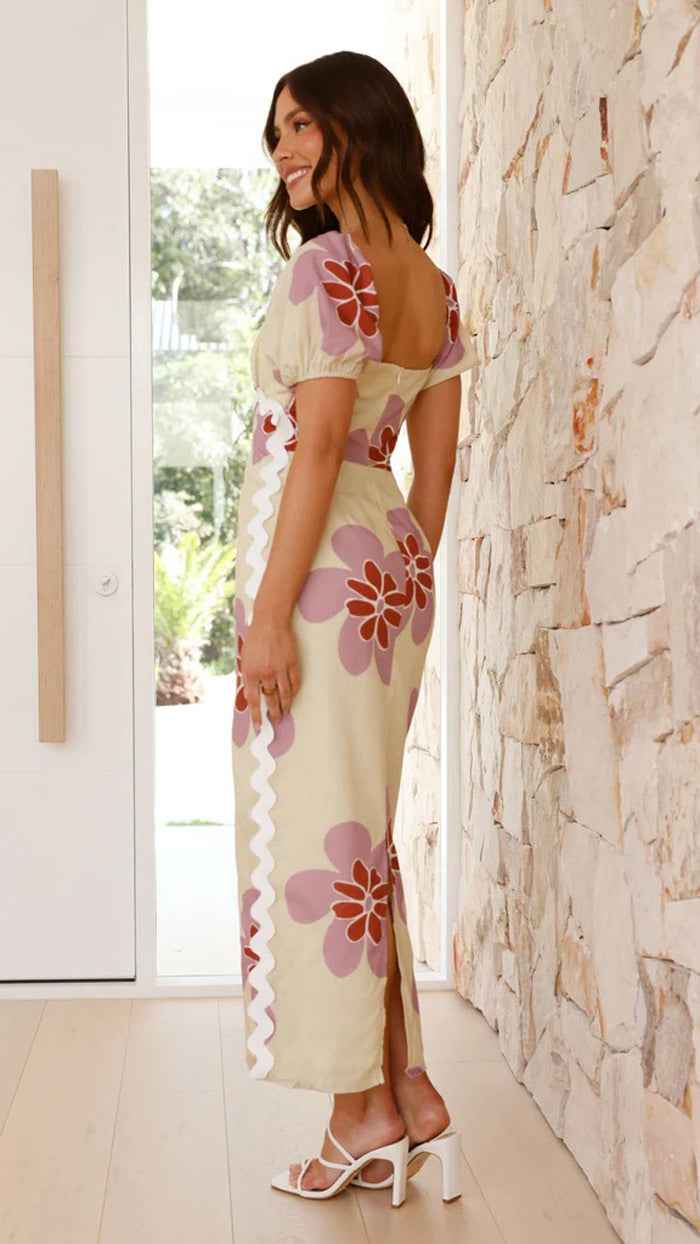 Floral Print Midi Dress - Short Sleeve Front Slit Style