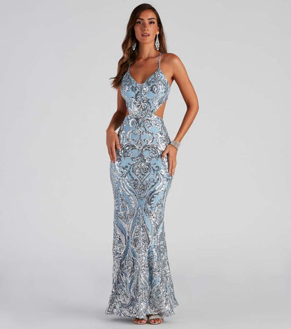Sequin Maxi Dress - Open Back V-Neck Evening Gown