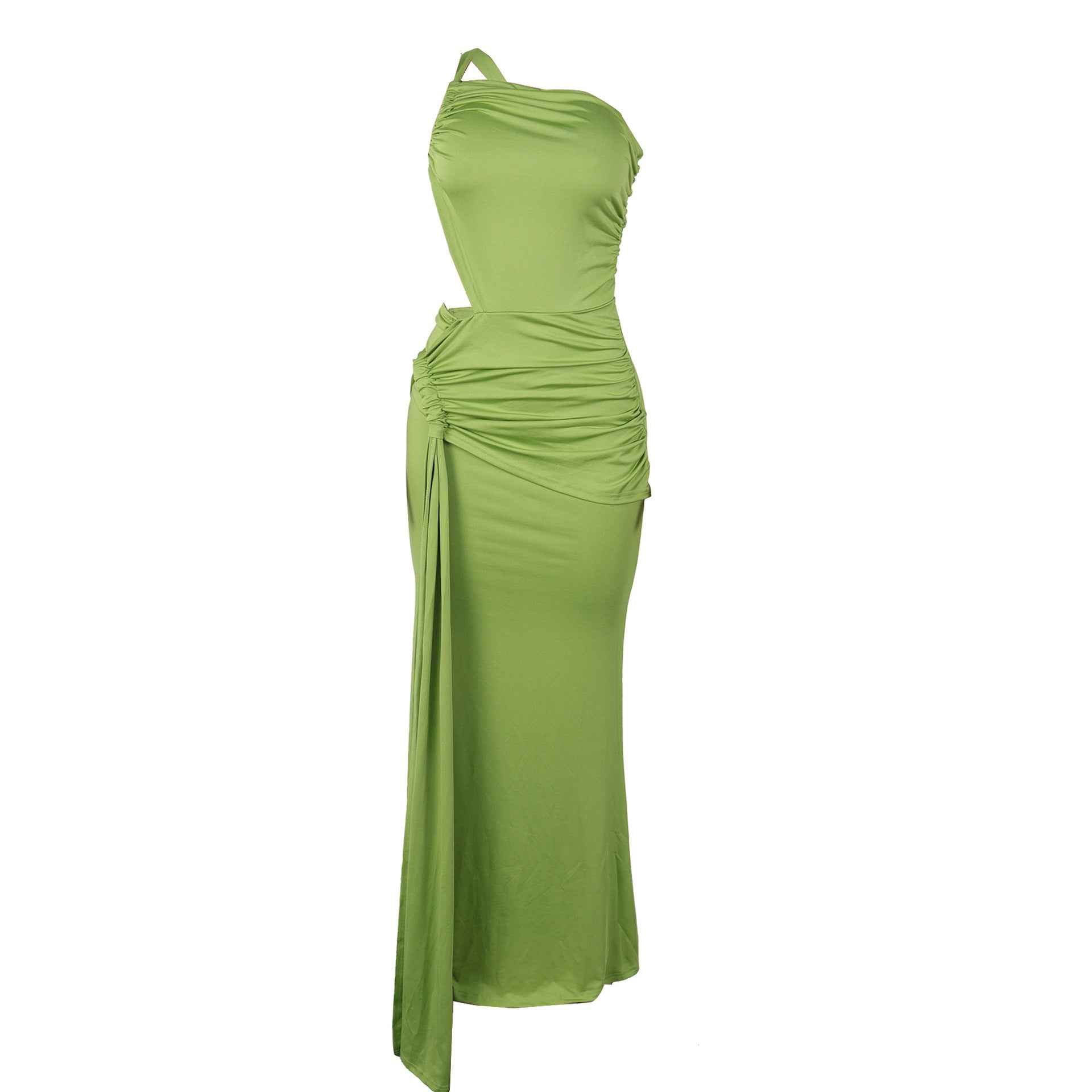 One Shoulder Cutout Maxi Dress - Pleated Bodycon Fit