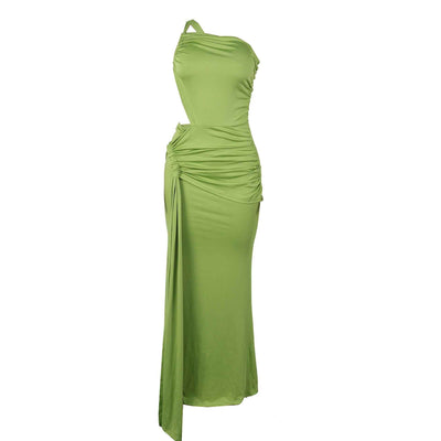One Shoulder Cutout Maxi Dress - Pleated Bodycon Fit