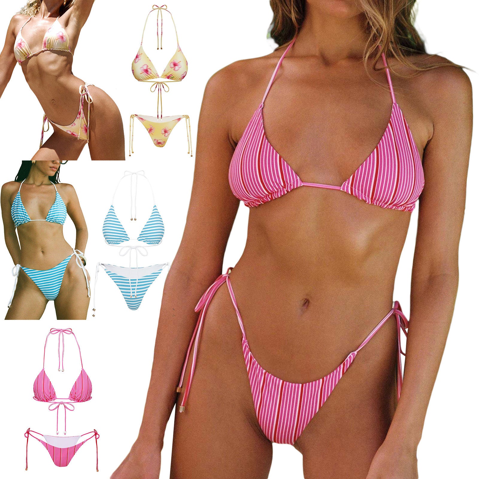 Halter Bikini - Backless Triangle Tie-Side Multiple Prints