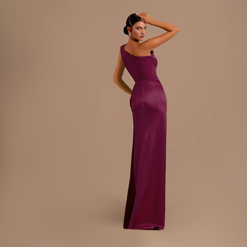 Satin Evening Dress - Formal Slit One Shoulder