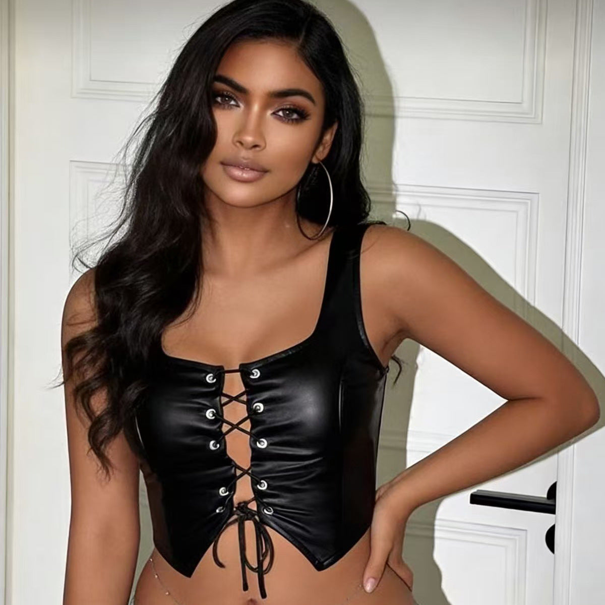 Leather Crop Vest - Black PU Strap Top Party Style