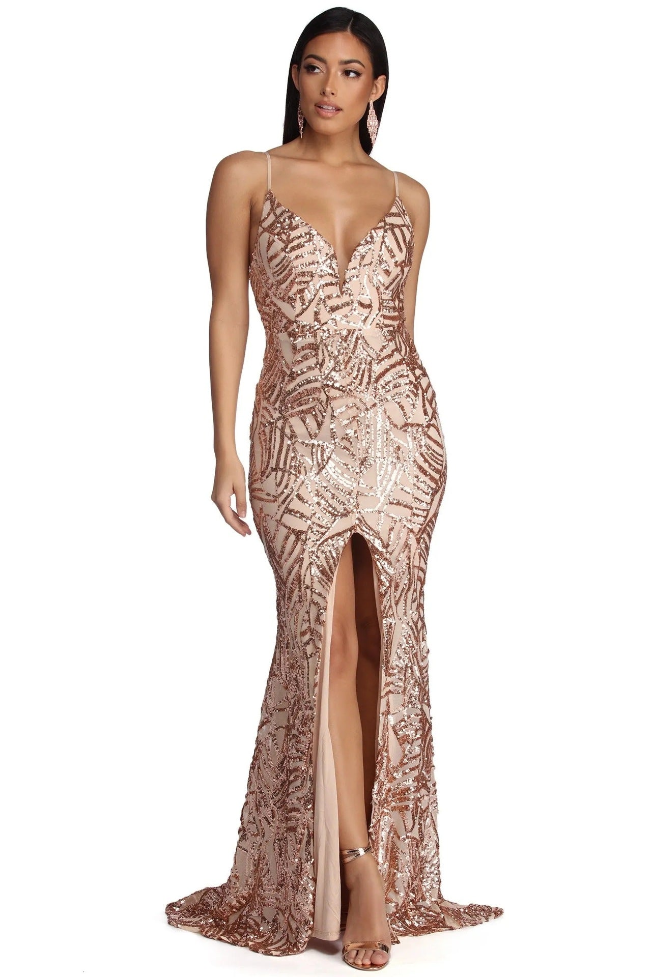 Spaghetti Strap Sequin Prom Gown - Deep V Maxi Slit Dress
